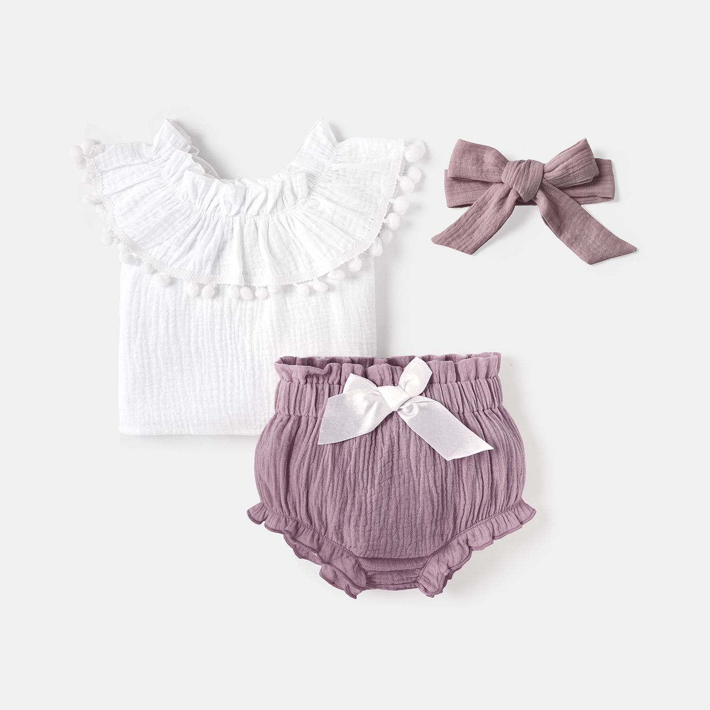 

3pcs Baby Girl 100% Cotton Crepe Ruffle Trim Off Shoulder Pom Poms Top and Bow Front Shorts with Headband Set