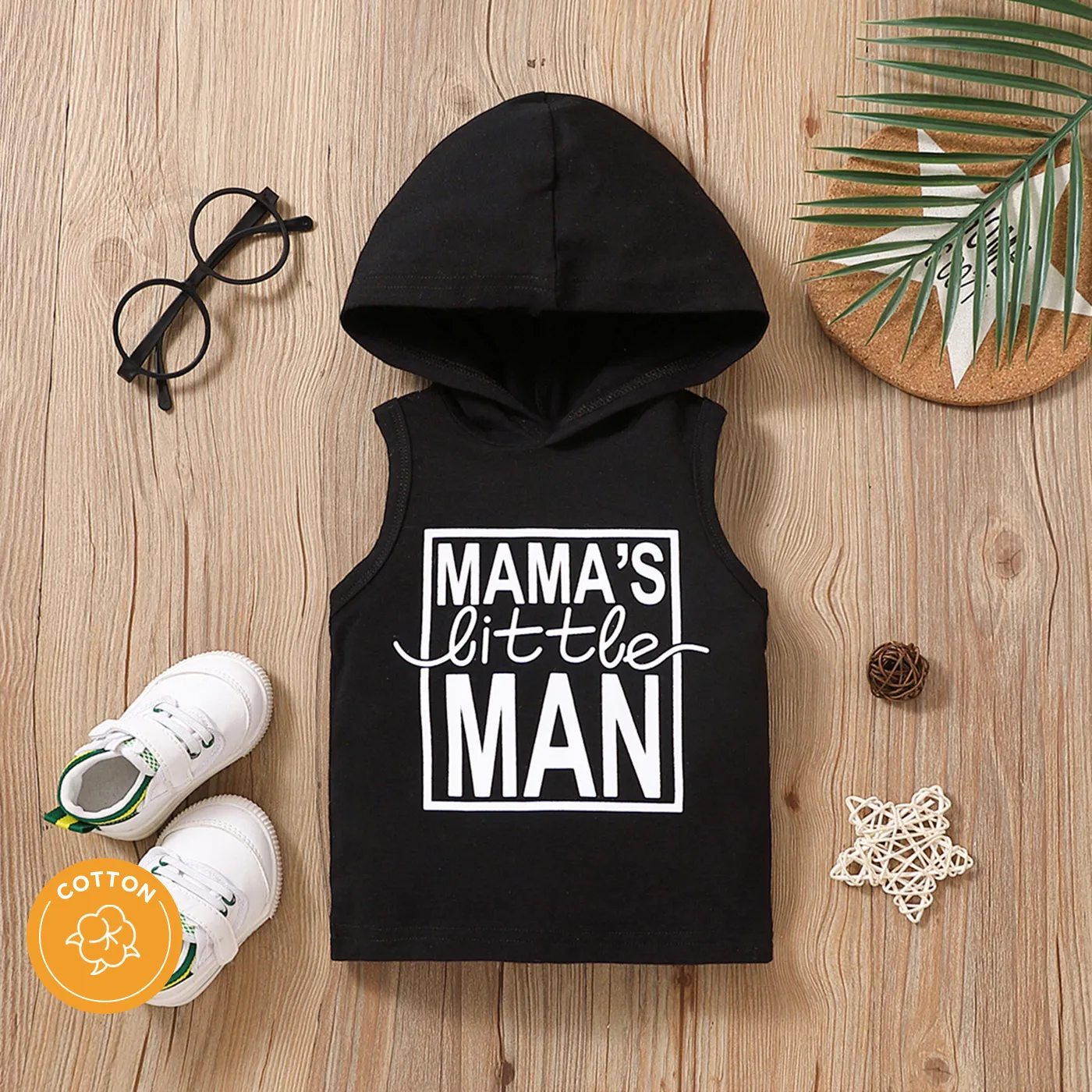Baby Boy 95% Cotton Letter Print Hooded Tank Top Black big image 1
