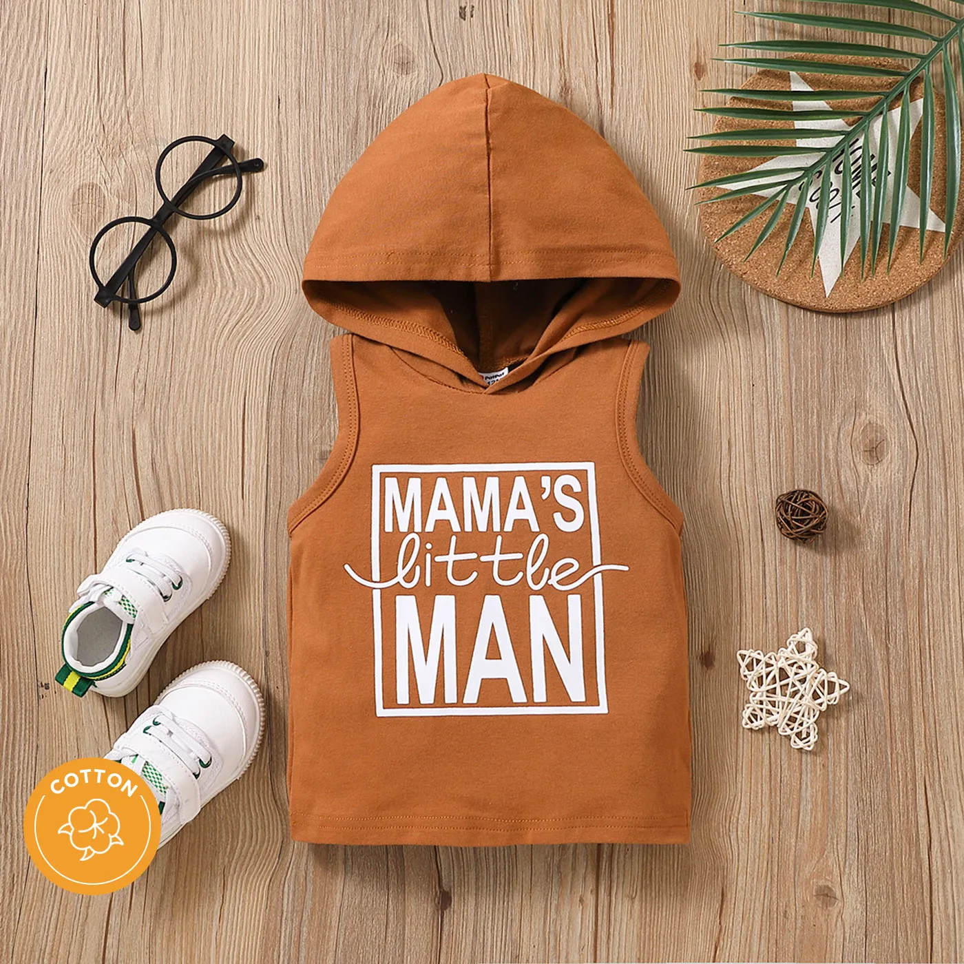 Baby Boy 95% Cotton Letter Print Hooded Tank Top Brown