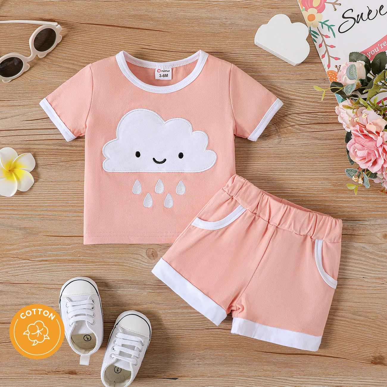 2pcs Baby Boy/Girl 95% Cotton Short-sleeve Cloud Design Tee & Shorts Set big image 1