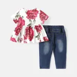 2pcs Baby Girl Short-sleeve Allover Floral Print Naia™ Top and Ripped Denim  Jeans Set Multi-color image 2
