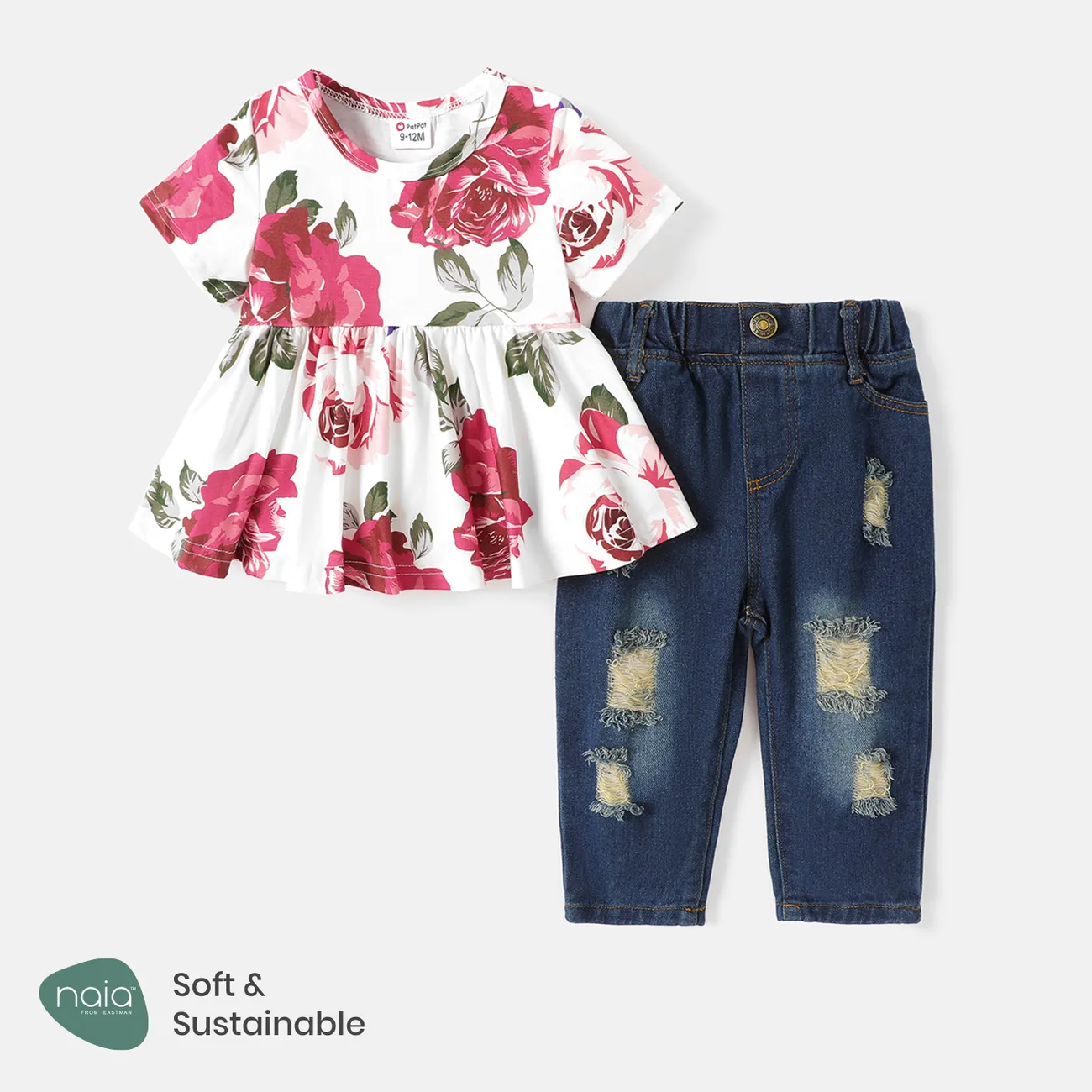 2pcs Baby Girl Short-sleeve Allover Floral Print Naia™ Top and Ripped Denim  Jeans Set Multi-color big image 1