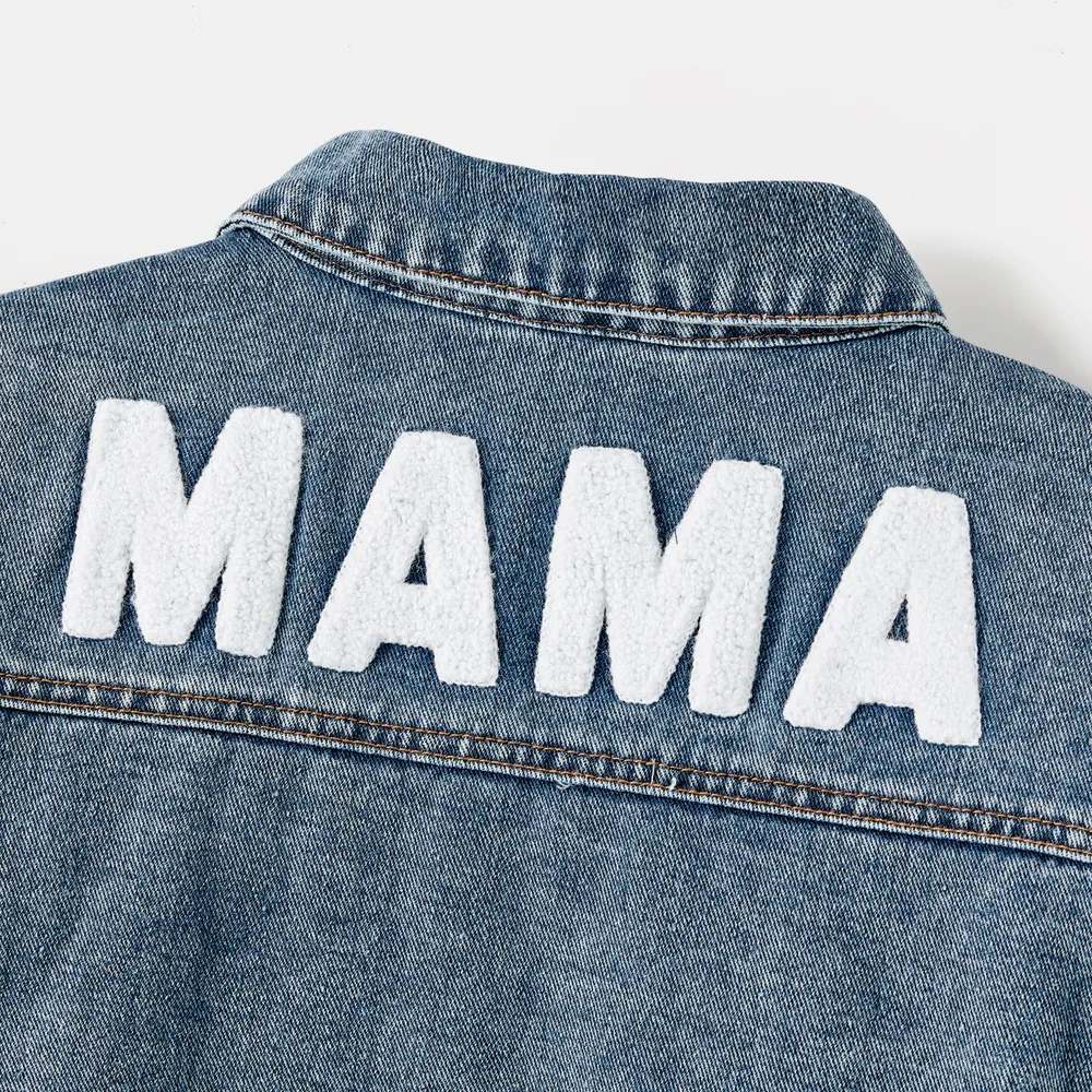 Light Blue Letter Design Long-sleeve Distressed Denim Jacket for Mom and Me big image 7