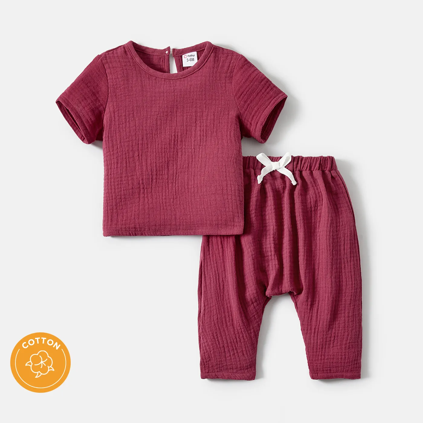 2pcs Baby Girl/Boy 100 Cotton Button Design Solid Color Crepe Tee and Pants Set MAROON