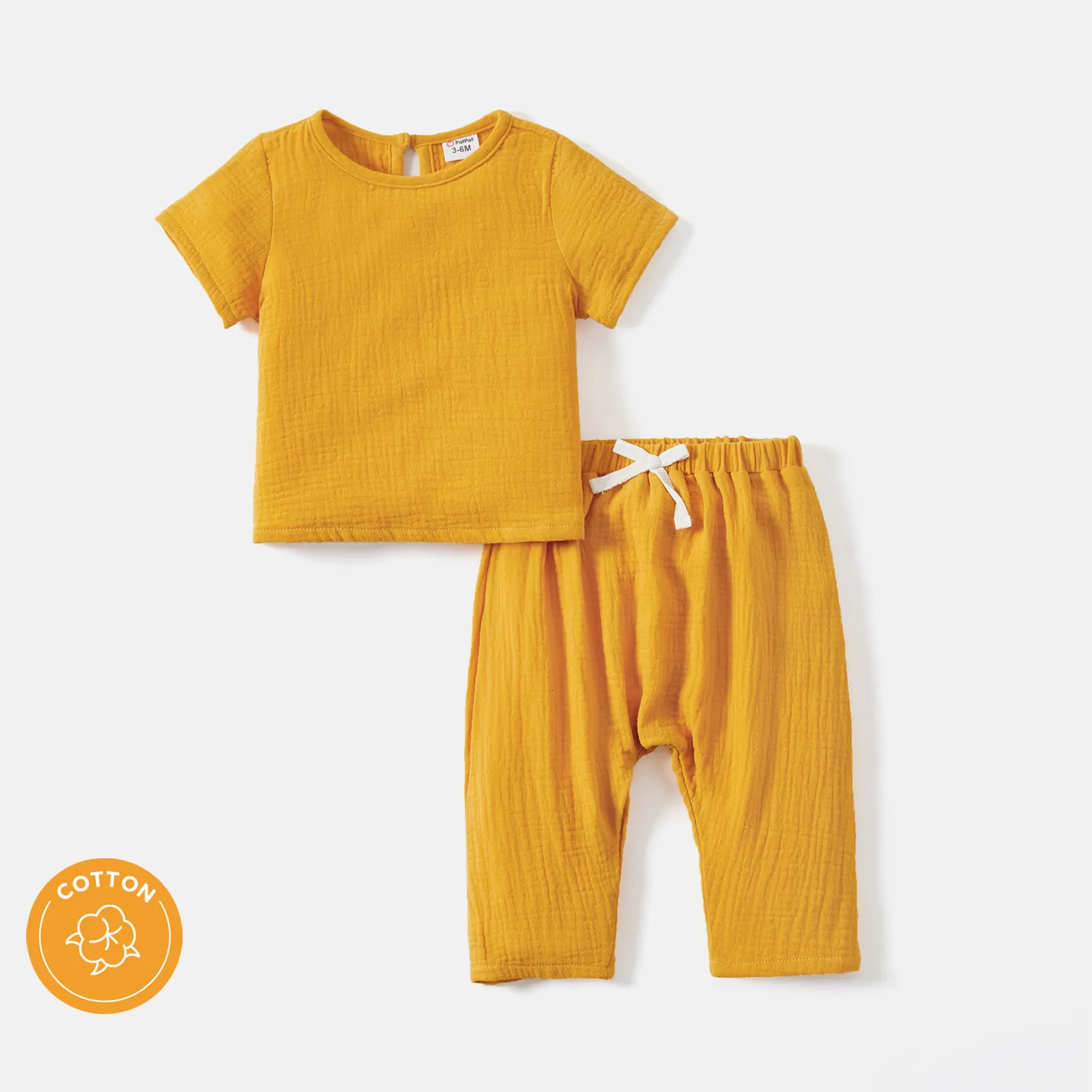 2pcs Baby Girl/Boy 100 Cotton Button Design Solid Color Crepe Tee and Pants Set DarkOrange big image 1