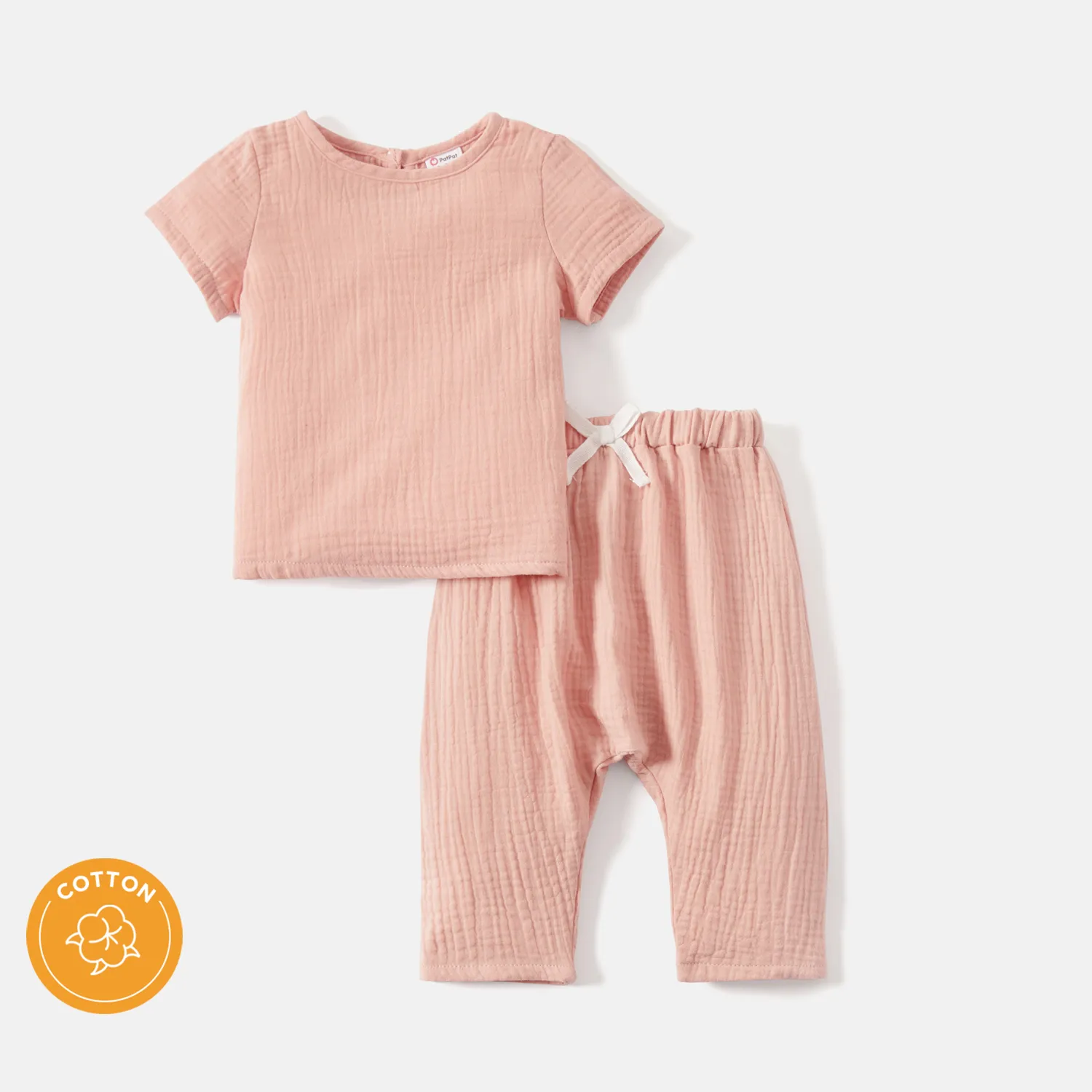 2pcs Baby Girl/Boy 100 Cotton Button Design Solid Color Crepe Tee and Pants Set Pink