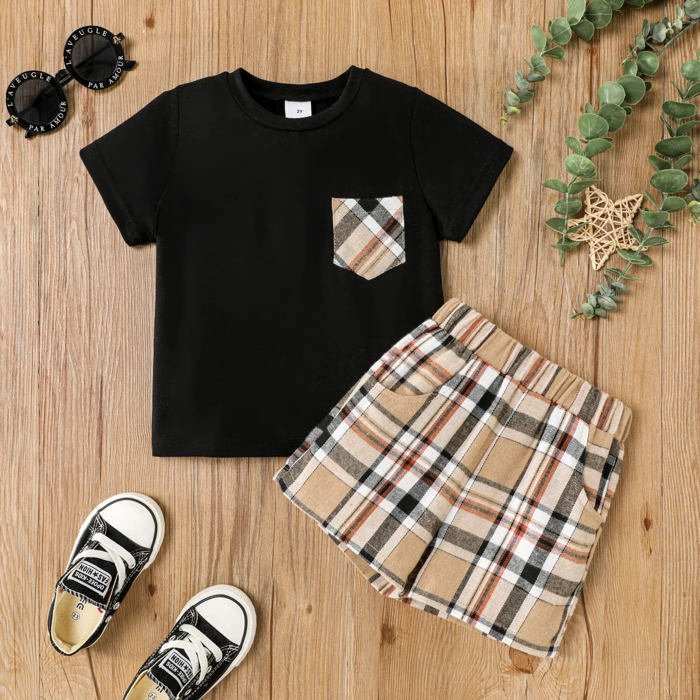 2 unidades Criança Menino Bolso cosido Clássico conjuntos de camisetas  big image 1