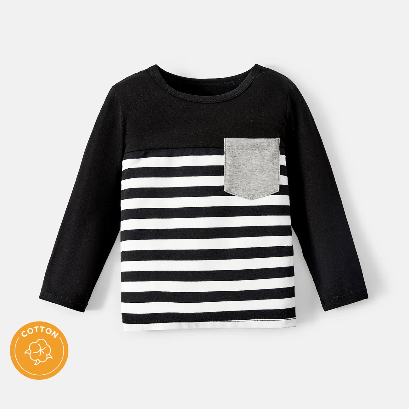 Camiseta de manga larga de algodón con diseño de bolsillo a rayas para niños pequeños/niños bloque de color big image 1