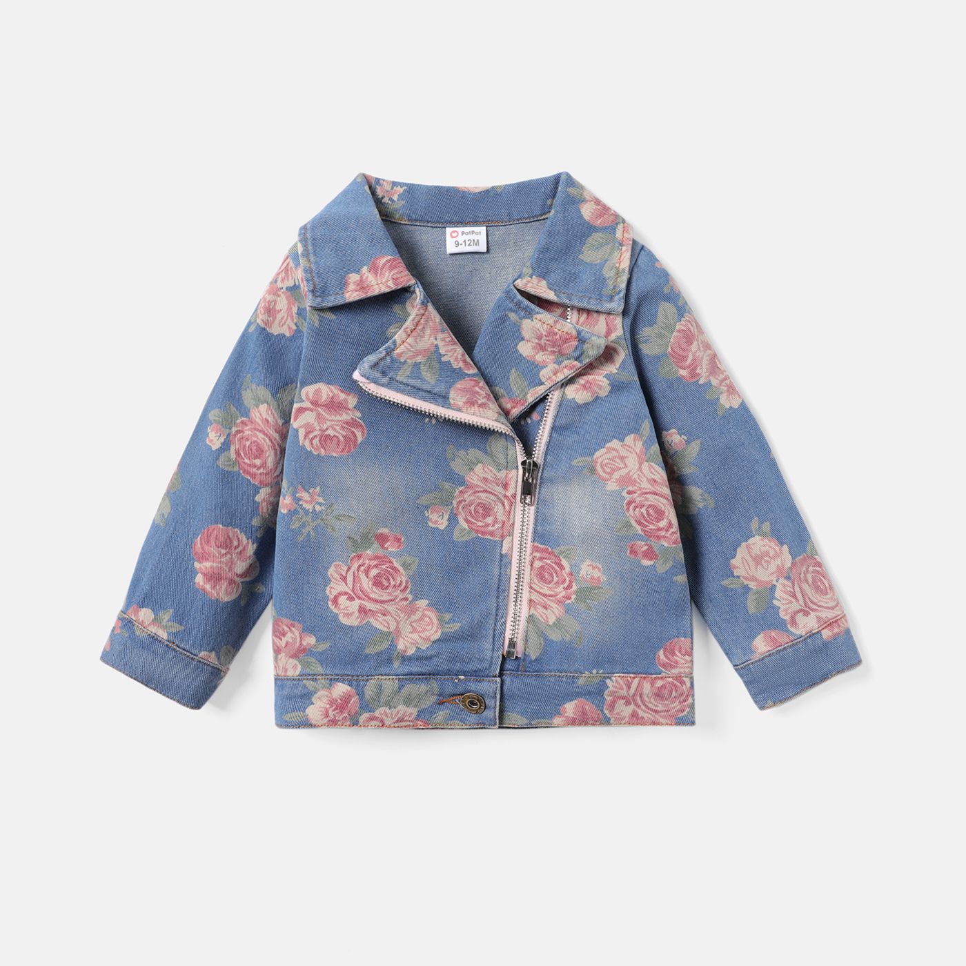 Baby Girl 95% Cotton Allover Floral Print Lapel Collar Long-sleeve Zipper Denim Jacket
