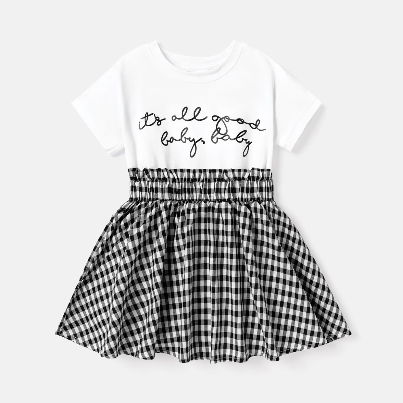 

Toddler Girl Letter Print Plaid Splice Short-sleeve Dress