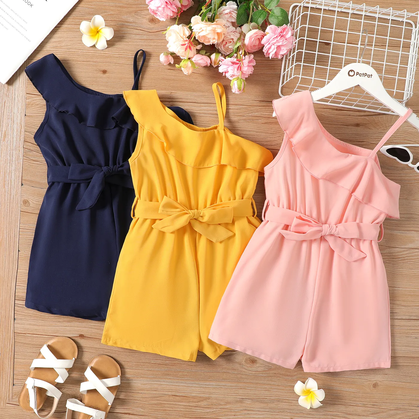 Kid Girl Flounce One Shoulder Sleeveless Belted Rompers