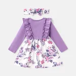 2pcs Baby Girl Cotton Solid & Floral-print Spliced Ruffle Trim Bow Front Long-sleeve Dress and Headband Set  image 2