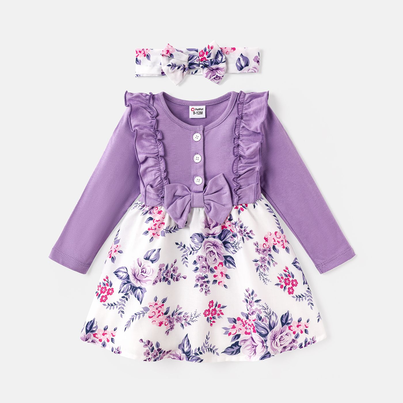 2pcs Baby Girl Cotton Solid & Floral-print Spliced Ruffle Trim Bow Front Long-sleeve Dress And Headband Set