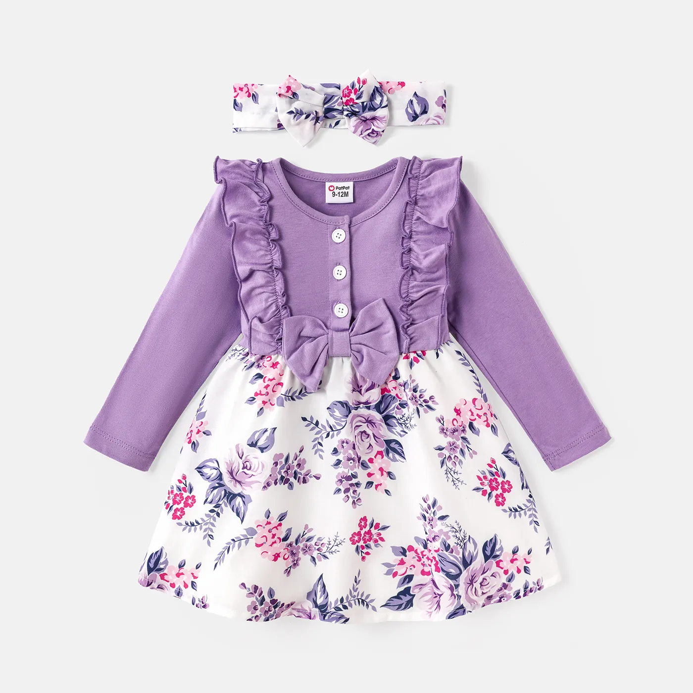 2pcs Baby Girl Cotton Solid & Floral-print Spliced Ruffle Trim Bow Front Long-sleeve Dress and Headband Set  big image 1