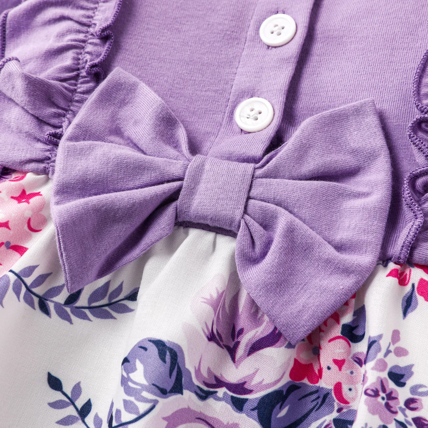 2pcs Baby Girl Cotton Solid & Floral-print Spliced Ruffle Trim Bow Front Long-sleeve Dress and Headband Set  image 4