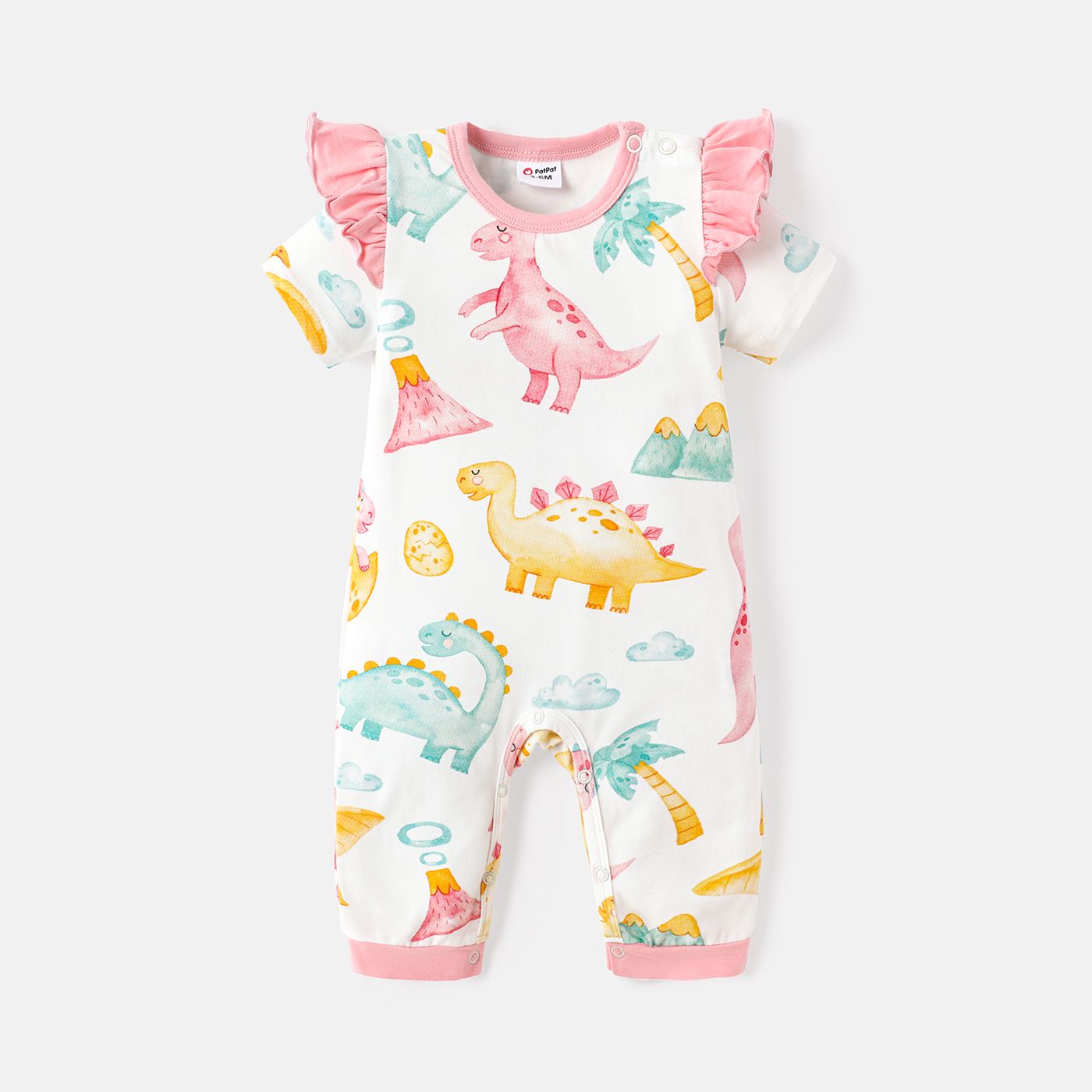 

Baby Girl Cotton Dinosaur Print Ruffled Short-sleeve Jumpsuits