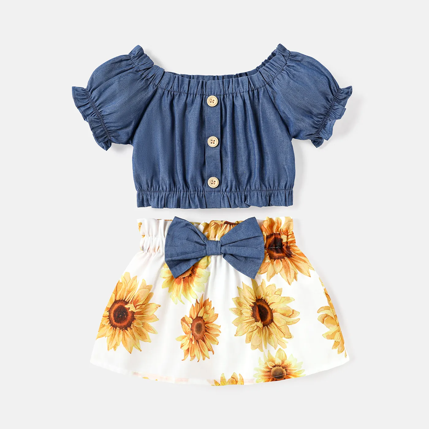

2pcs Baby Girl Cotton Ruffled Off Shoulder Denim Tee and Floral Print Skirt Set