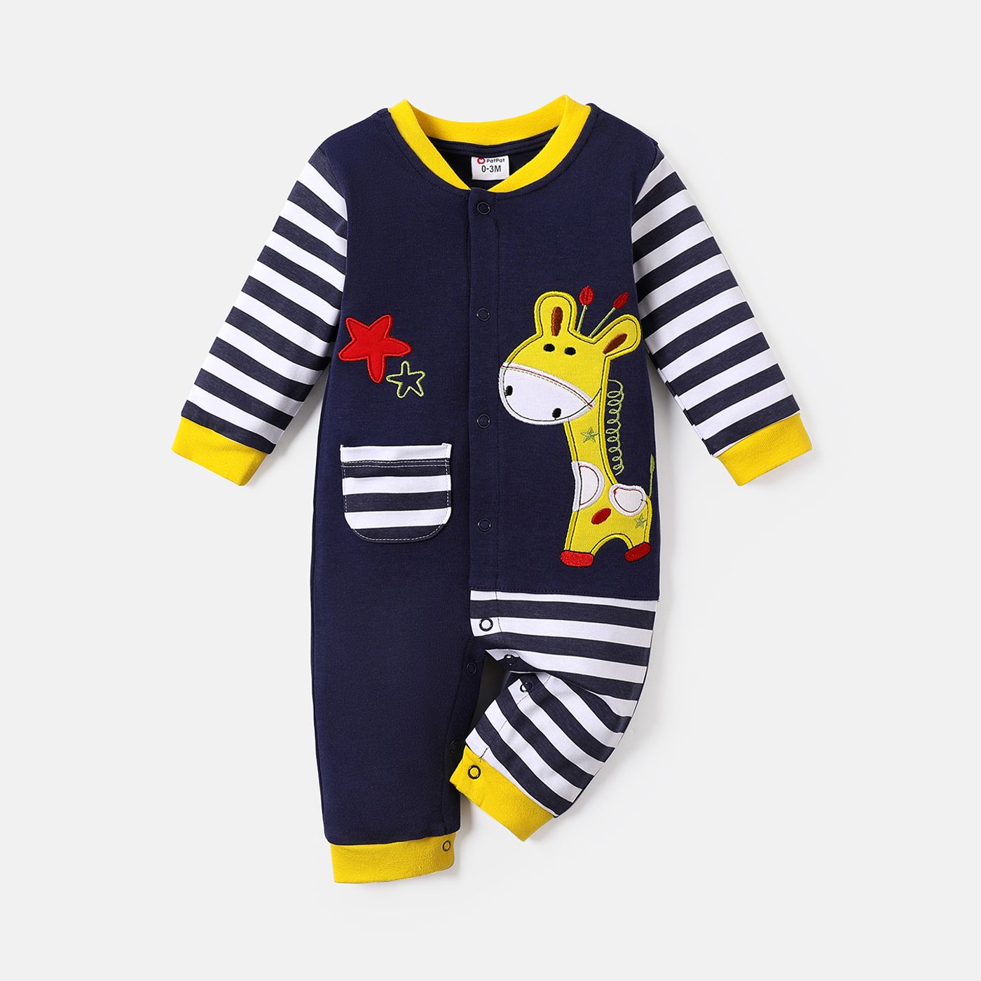 Baby Boy 100% Cotton Giraffe Embroidered Striped Long-sleeve Jumpsuit