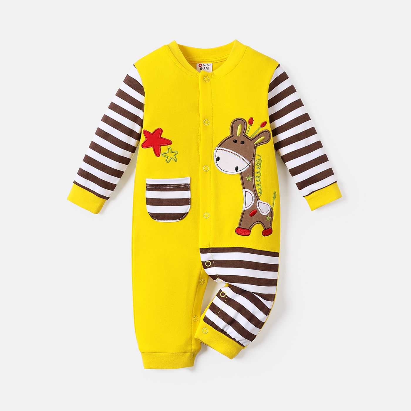 

Baby Boy 100% Cotton Giraffe Embroidered Striped Long-sleeve Jumpsuit