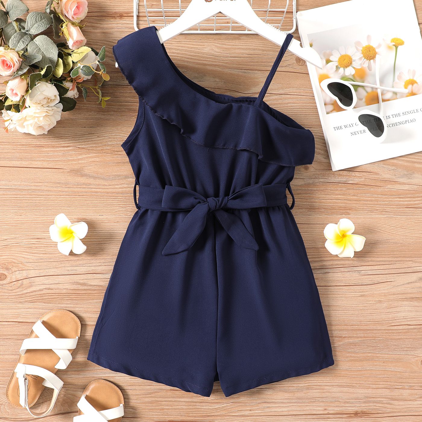Kid Girl Flounce One Shoulder Sleeveless Belted Rompers