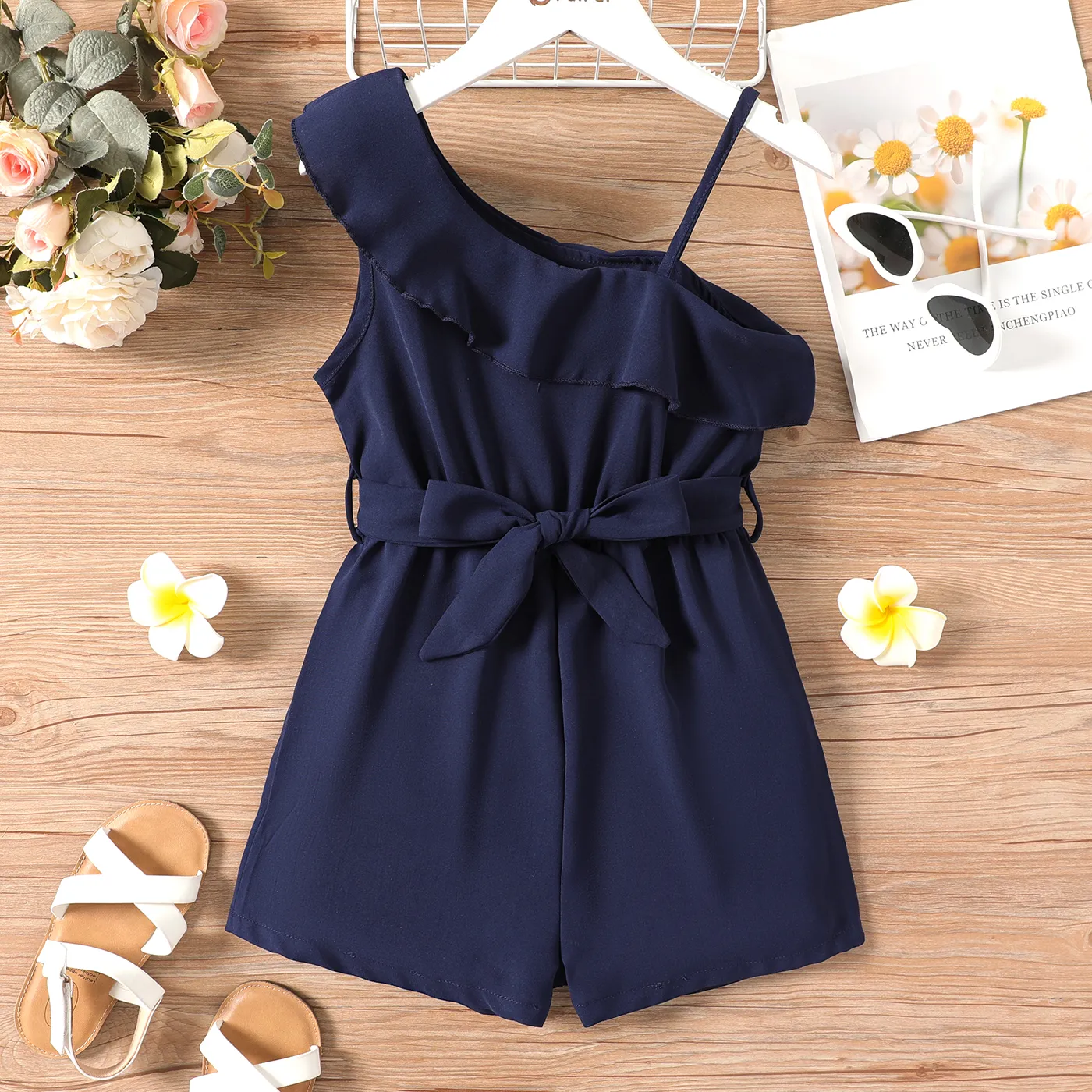 Kid Girl Flounce One Shoulder Sleeveless Belted Rompers royalblue big image 1