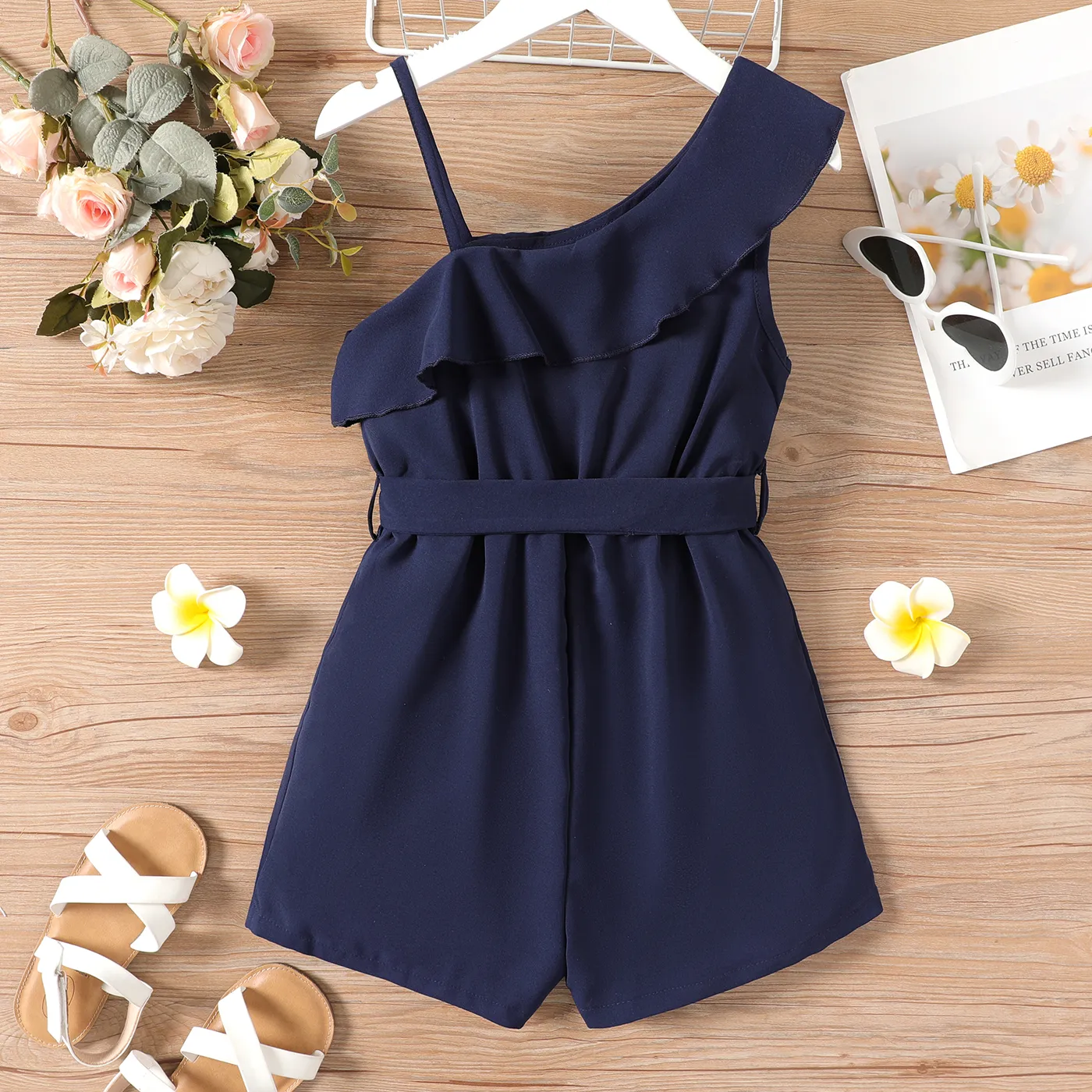 Kid Girl Flounce One Shoulder Sleeveless Belted Rompers royalblue image 2
