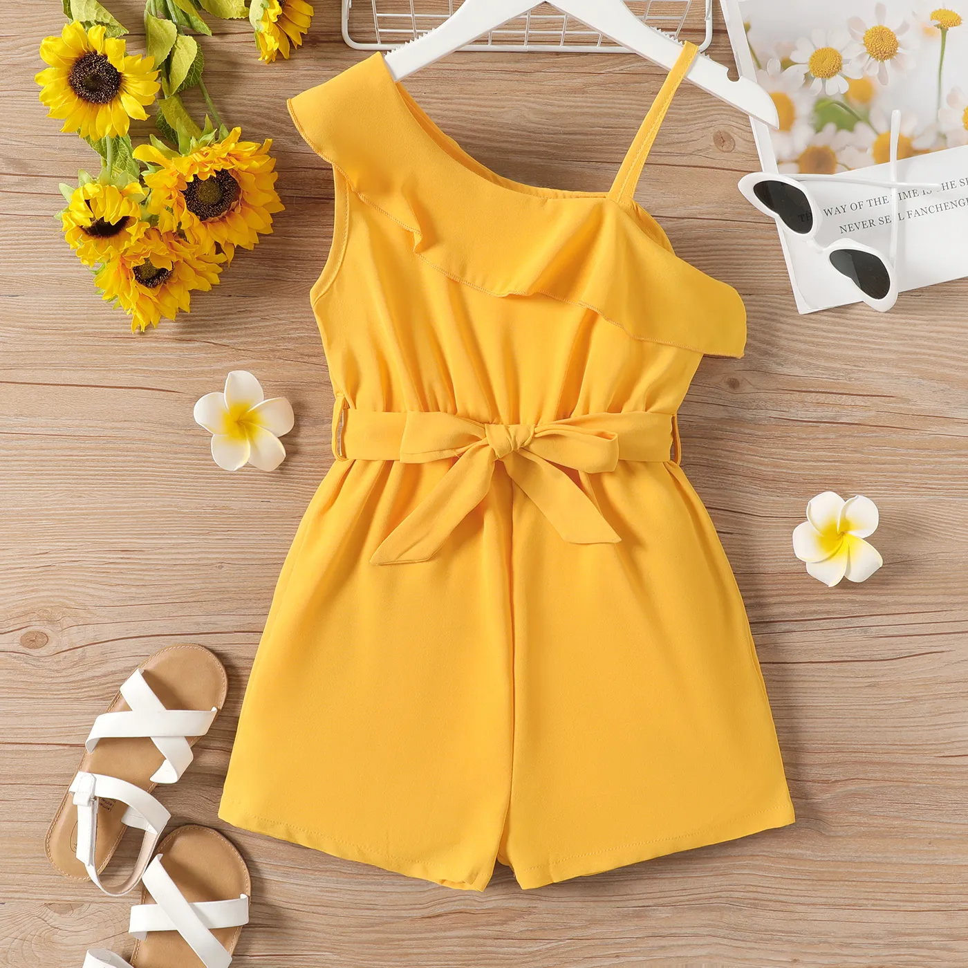 Kid Girl Flounce One Shoulder Sleeveless Belted Rompers Yellow
