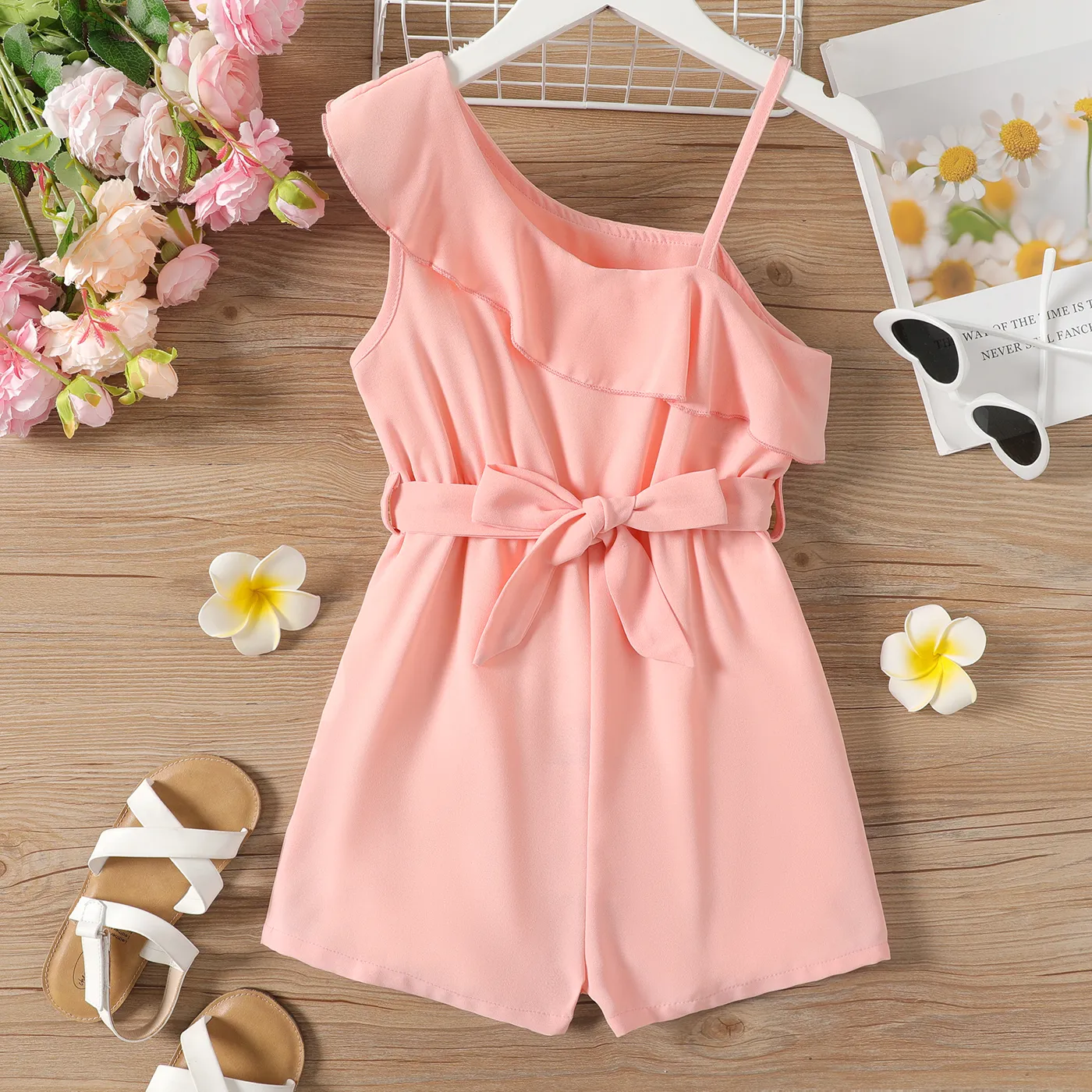 Kid Girl Flounce One Shoulder Sleeveless Belted Rompers Pink