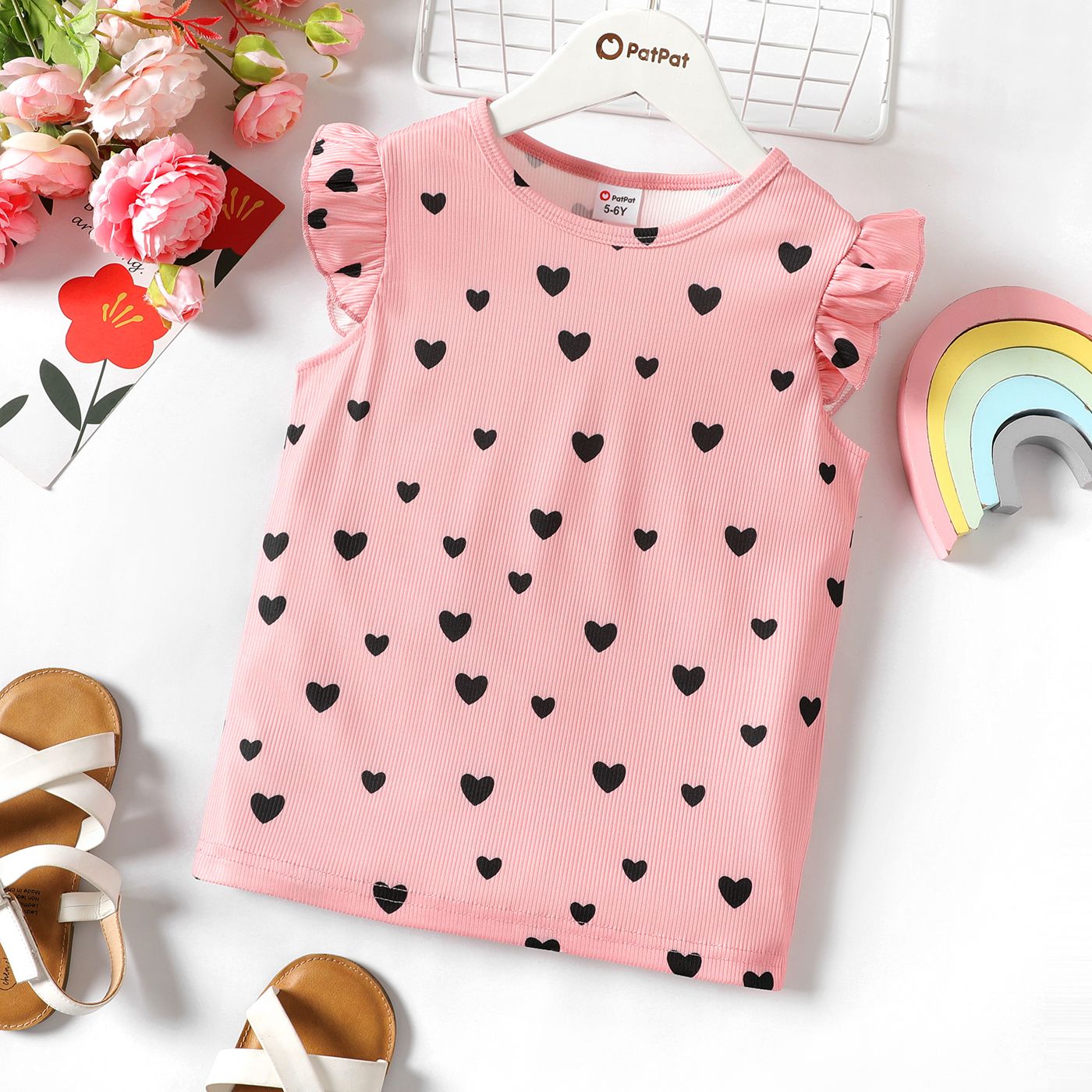 

Kid Girl Sweet Heart Print Flutter-sleeve Tee