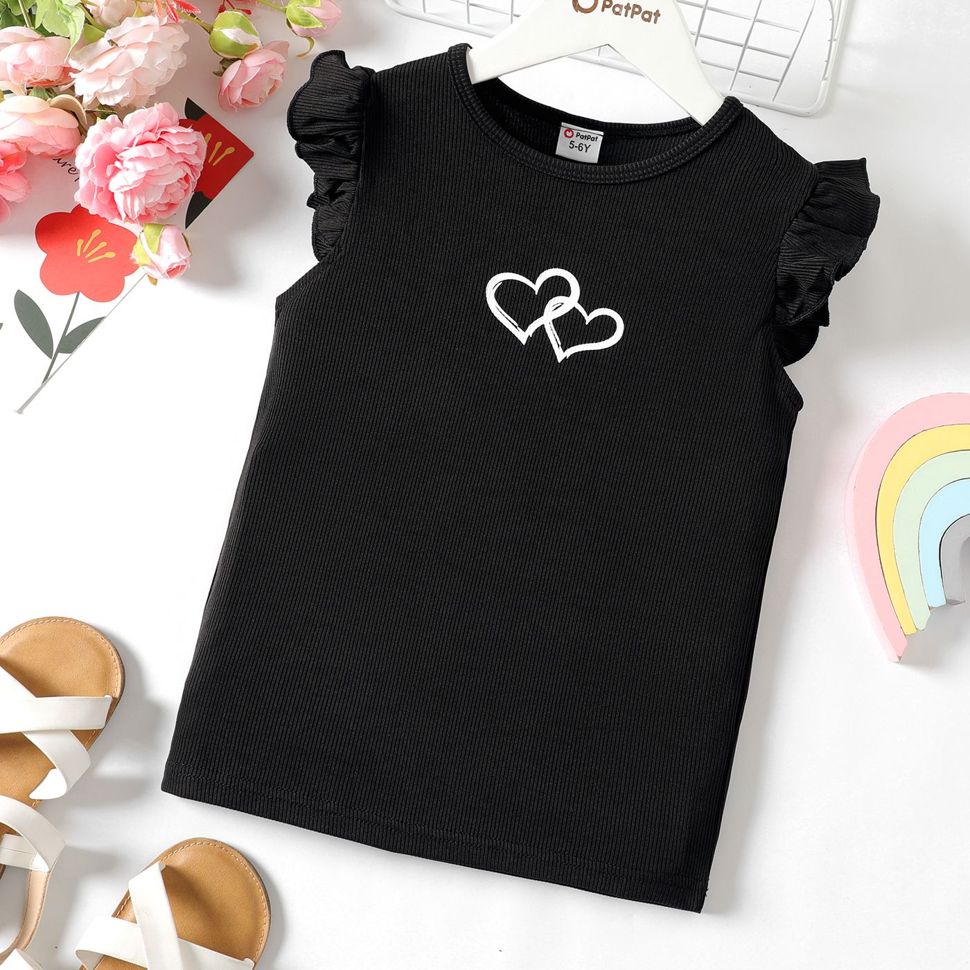

Kid Girl Sweet Heart Print Flutter-sleeve Tee
