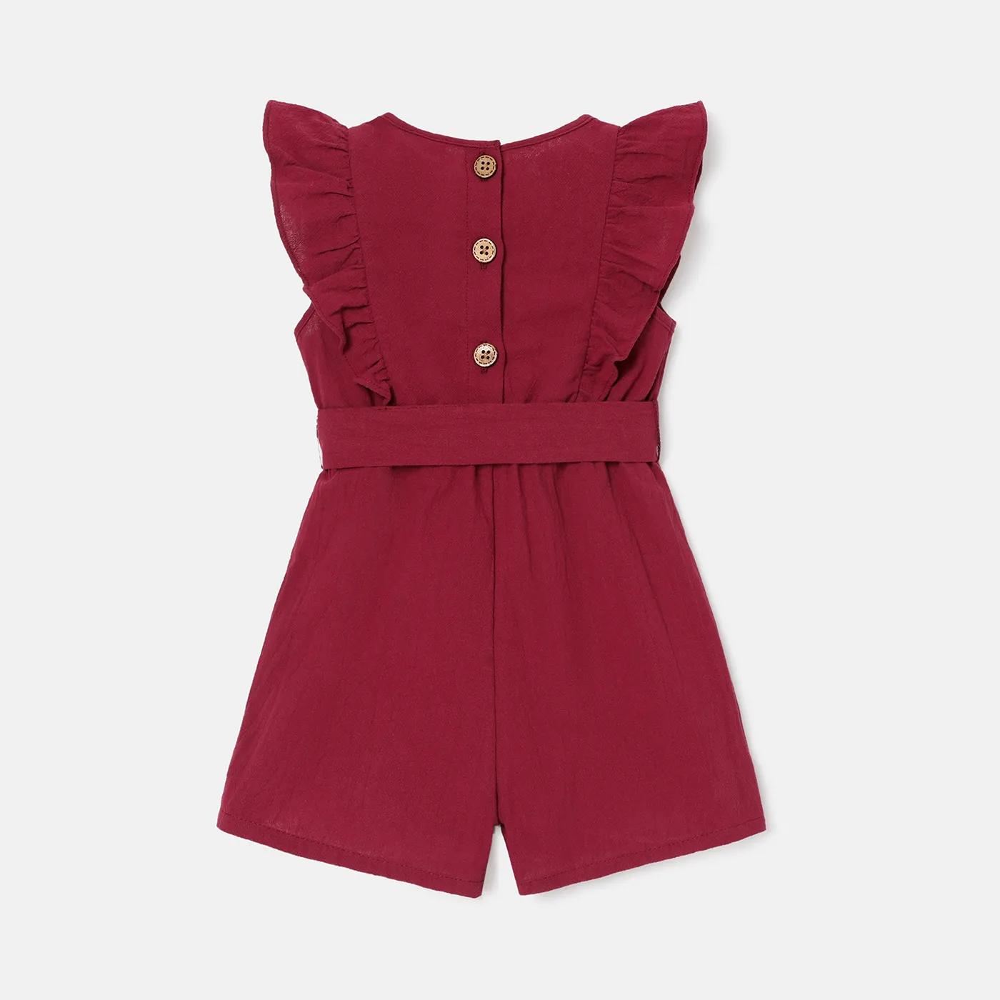 Baby Girl 100% Cotton Solid or Floral Print Ruffle Trim Sleeveless Romper Deep Magenta image 3