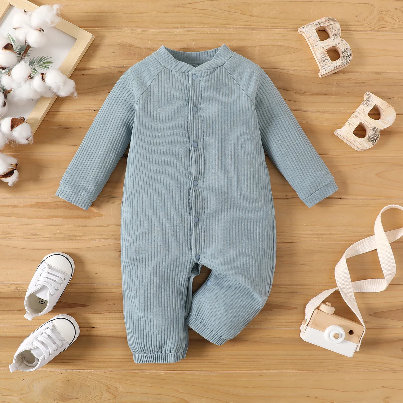 Baby Boy/Girl 95% Cotton Solid Ribbed Long-sleeve 2-in-1 Jumpsuit/Dress Blue big image 1