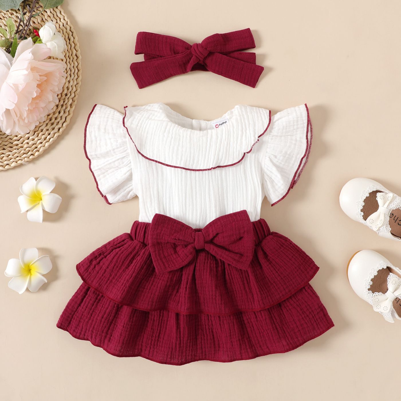 

2pcs Baby Girl 100% Cotton Crepe Two Tone Layered Ruffle Trim Butterfly-sleeve Romper & Headband Set