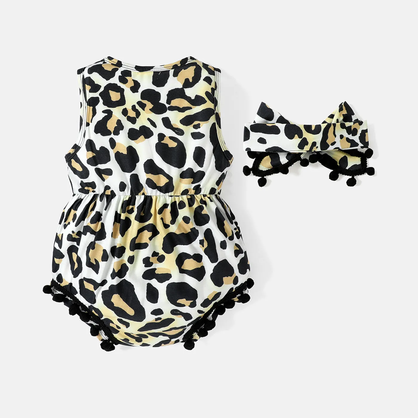 2pcs Baby Girl Pom Poms Detail Leopard Print Sleeveless Naia™ Romper with Headband Set Brown image 2
