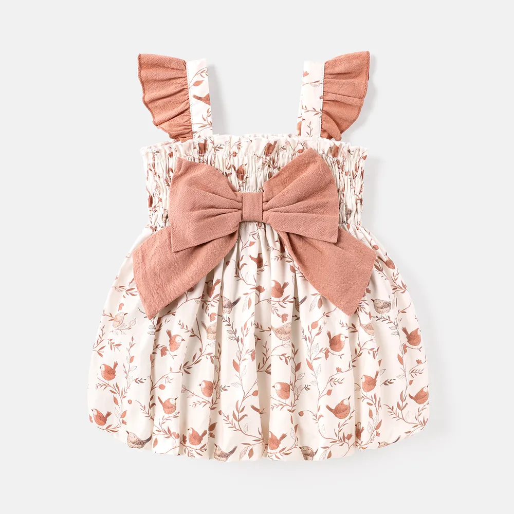 Baby Girl 100% Cotton Contrast Ruffle Trim Bow Front Allover Print Dress big image 3