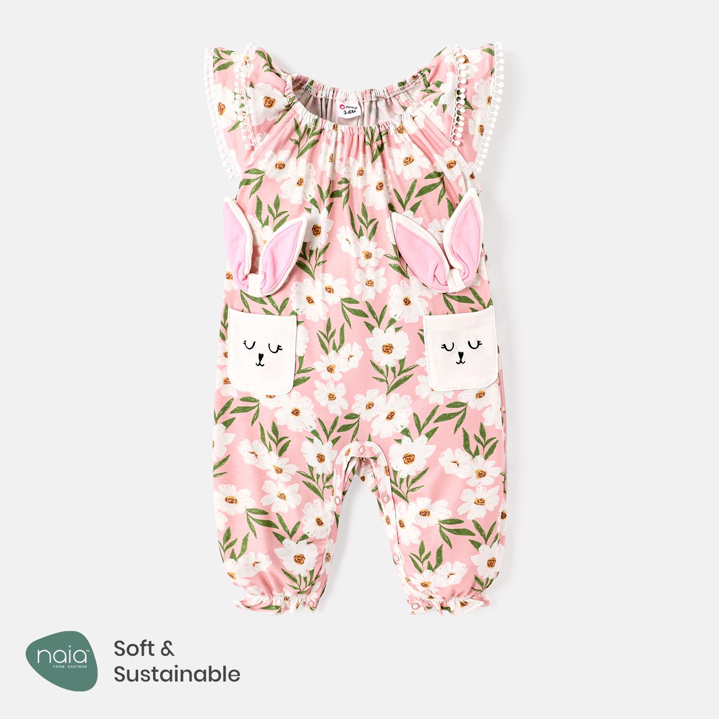 

Naia™ Baby Girl Floral Print Ear Design Flutter-sleeve Jumpsuit