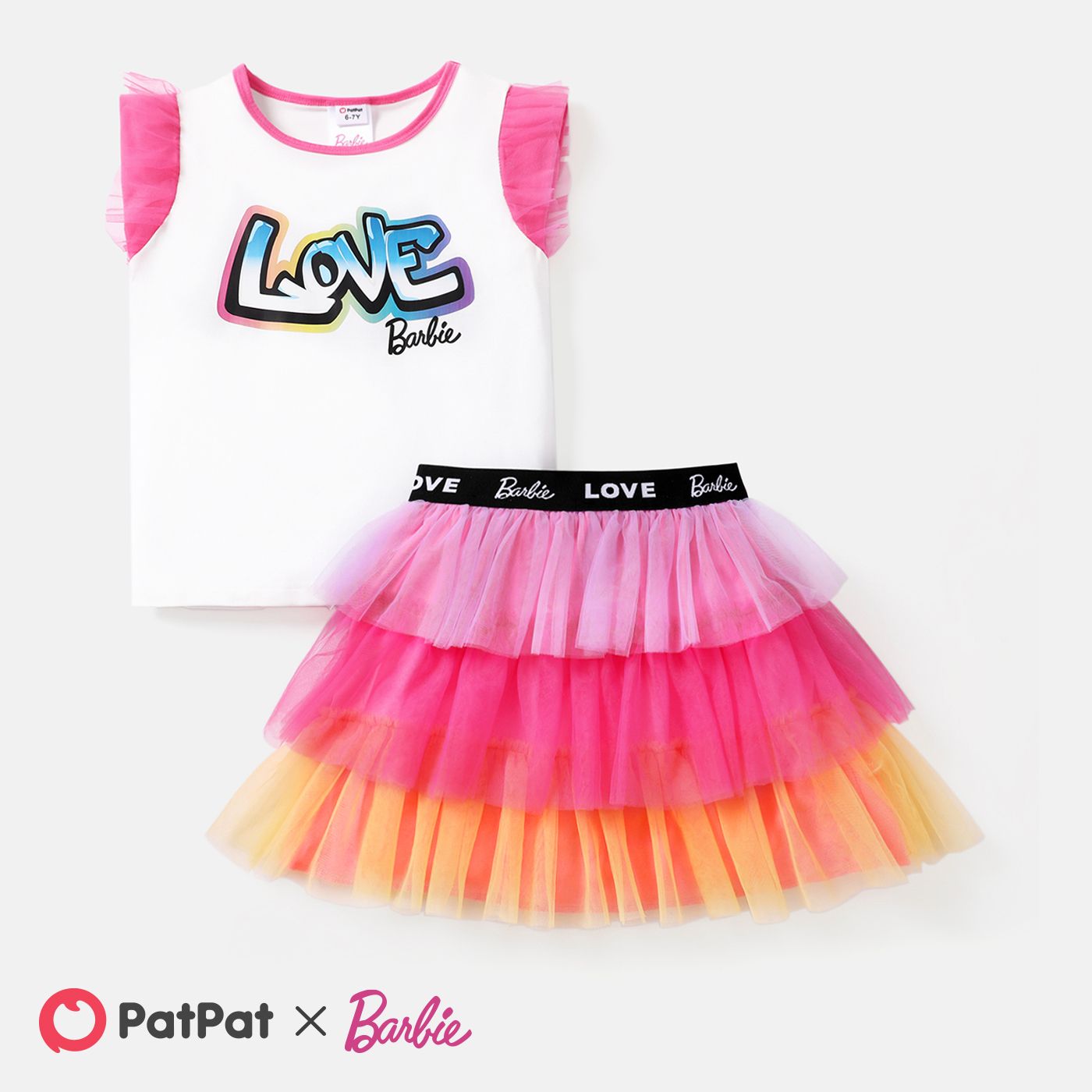 

Barbie 2pcs Kid Girl Flutter-sleeve Tee and Colorblock Mesh Skirt Set