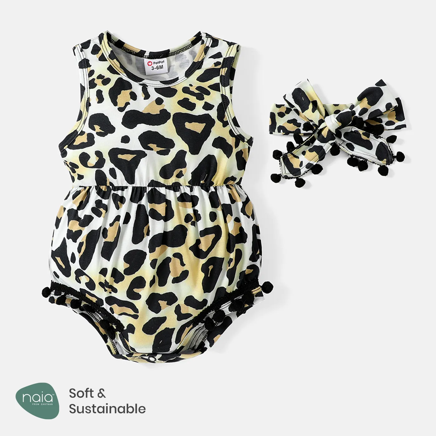 2pcs Baby Girl Pom Poms Detail Leopard Print Sleeveless Naia™ Romper with Headband Set Brown big image 1