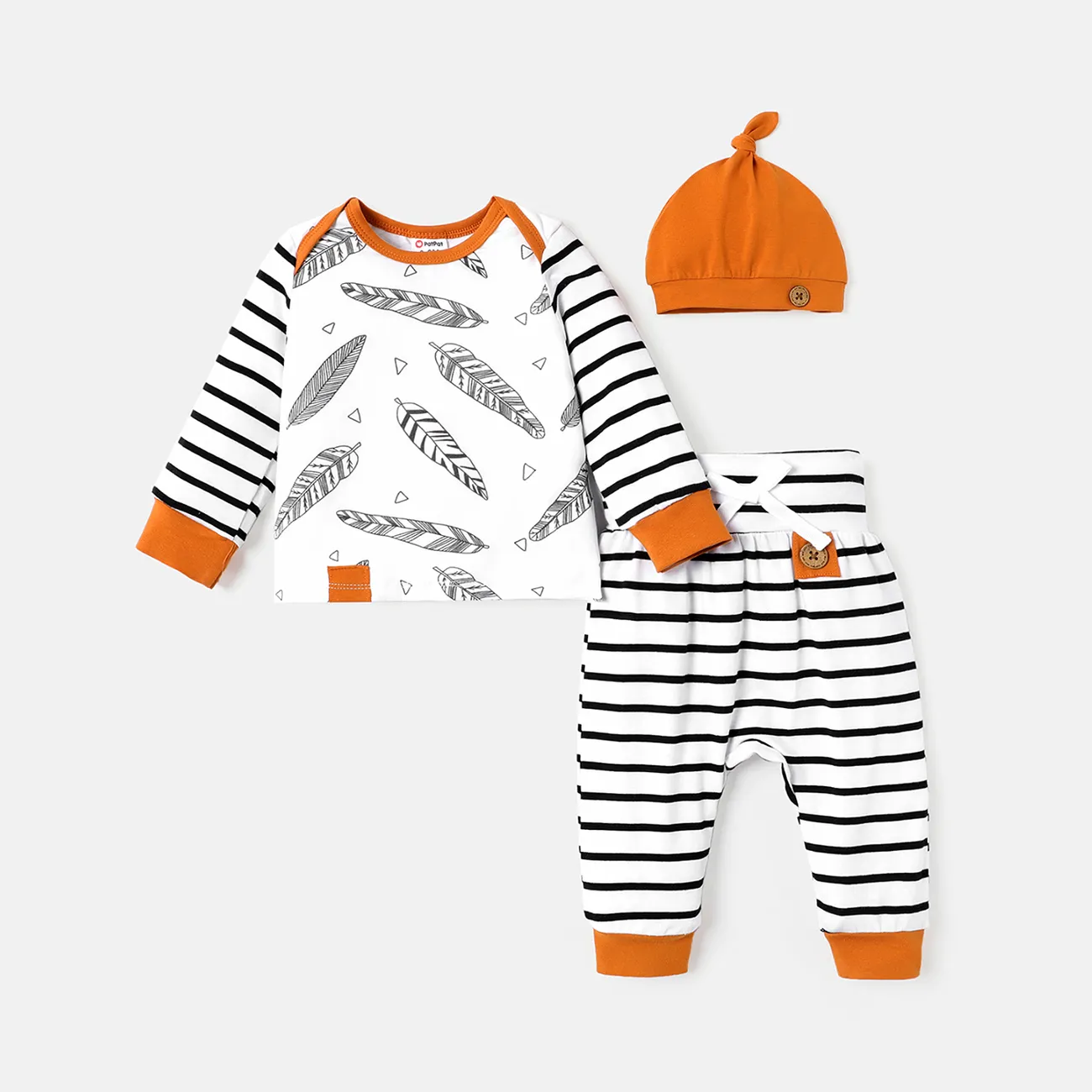 3pcs Baby Boy/Girl 95% Cotton Long-sleeve Feather Print Top and Striped Pants & Hat Set  big image 1