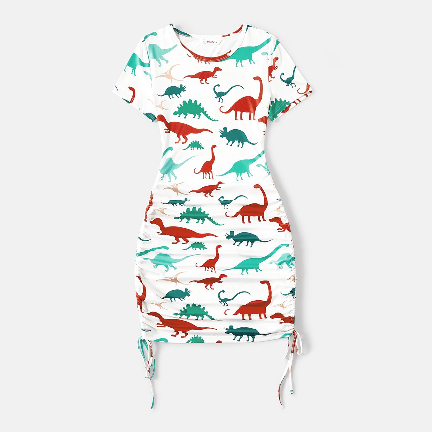 Family Matching Allover Colorful Dinosaur Print Drawstring Ruched Bodycon Dresses And Short-sleeve Tops Sets