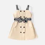 2pcs Toddler Girl 100% Cotton Double Breasted Letter Print Strap Dress and Belt Beige