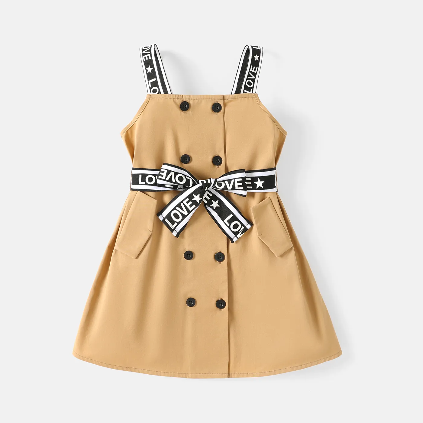 2pcs Toddler Girl 100% Cotton Double Breasted Letter Print Strap Dress and Belt Coffee big image 1