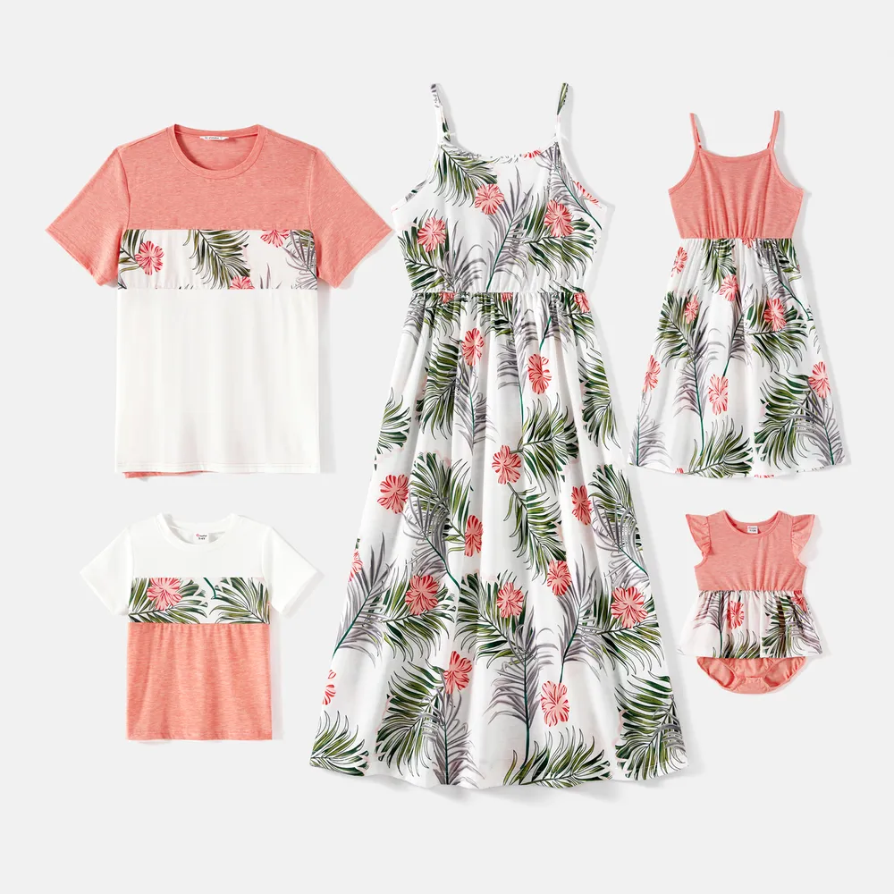 Family Matching Allover Plant Print Cami Dresses and Short-sleeve Colorblock Spliced T-shirts Sets  big image 8
