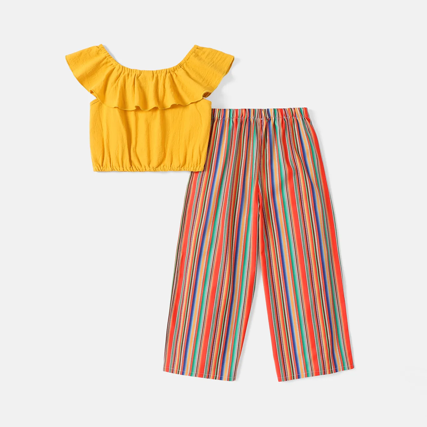 2pcs Kid Girl Flounce Off Shoulder Tee and Stripe/Floral Print Pants Set Yellow image 2