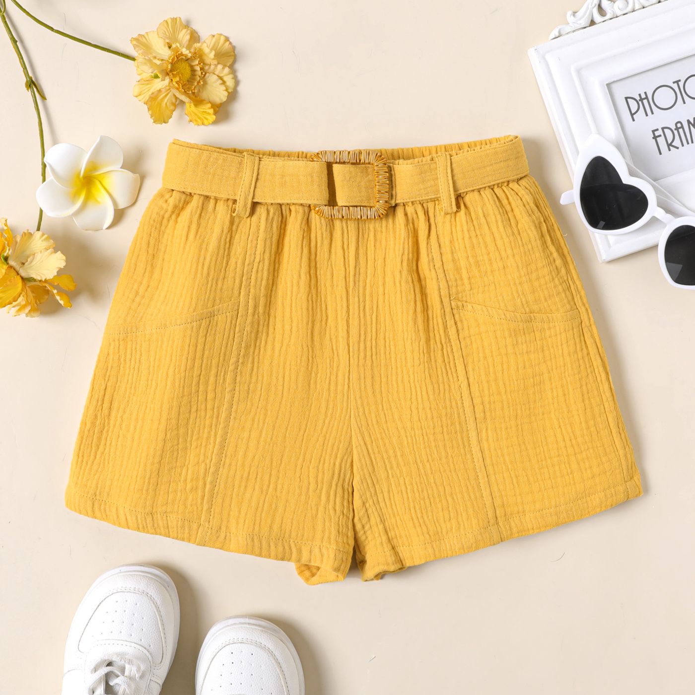 

Kid Girl Textured Puff Sleeve Top / Solid Belted Shorts