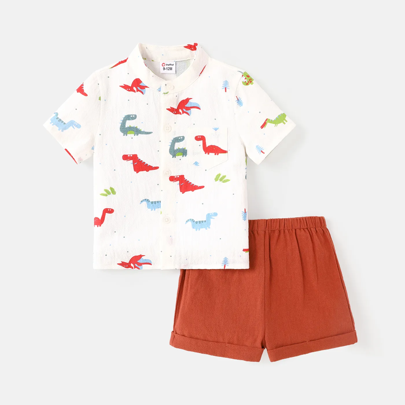 2pcs Baby Boy 100% Cotton Short-sleeve Allover Dinosaur Print Shirt and Solid Shorts Set White
