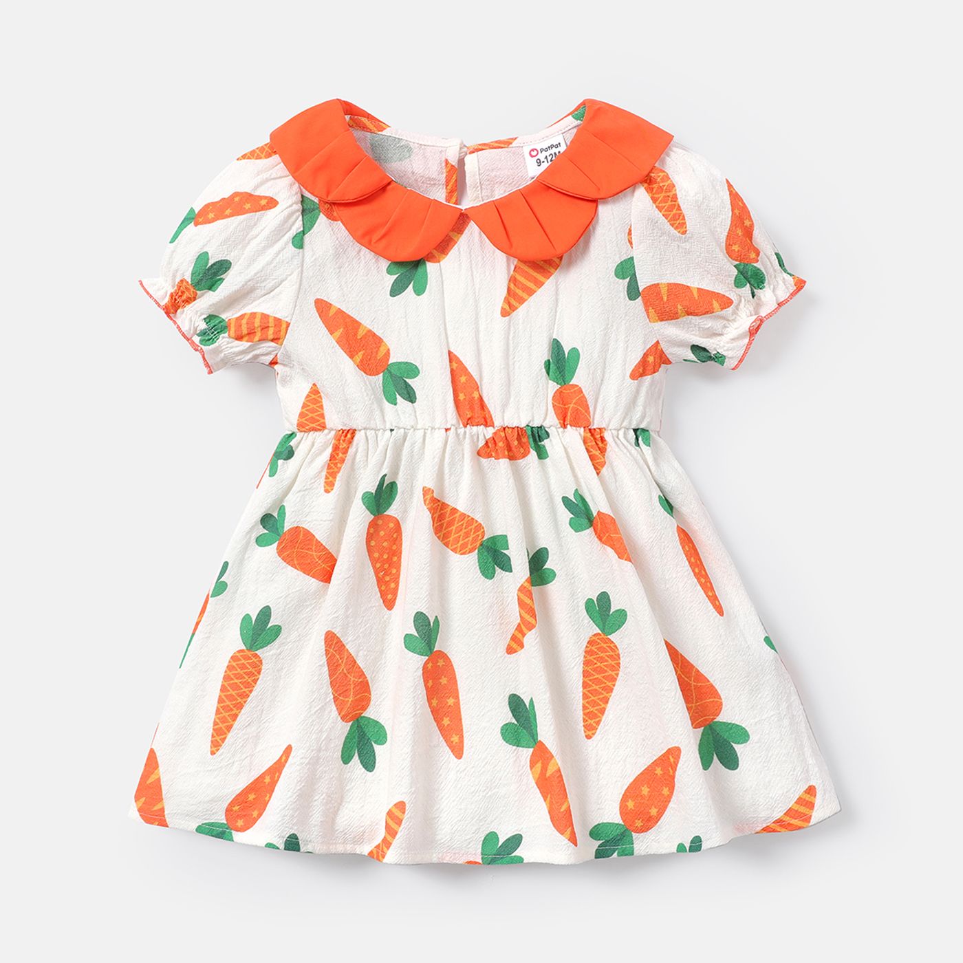 

Baby Girl 100% Cotton Contrast Collar Puff-sleeve Allover Carrot Print Dress