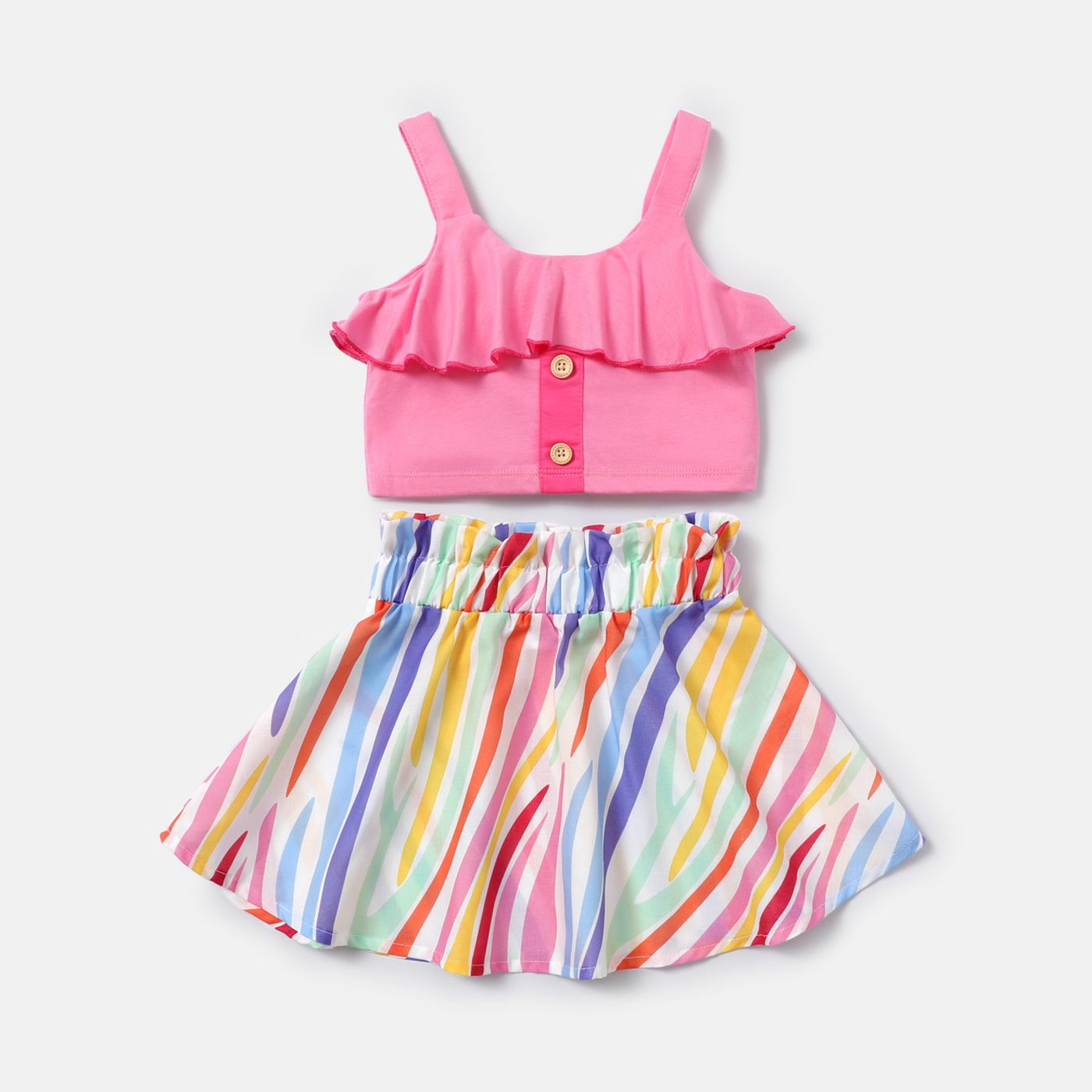 

2pcs Toddler Girl Ruffled Button Design Camisole and Stripe Skirt Set