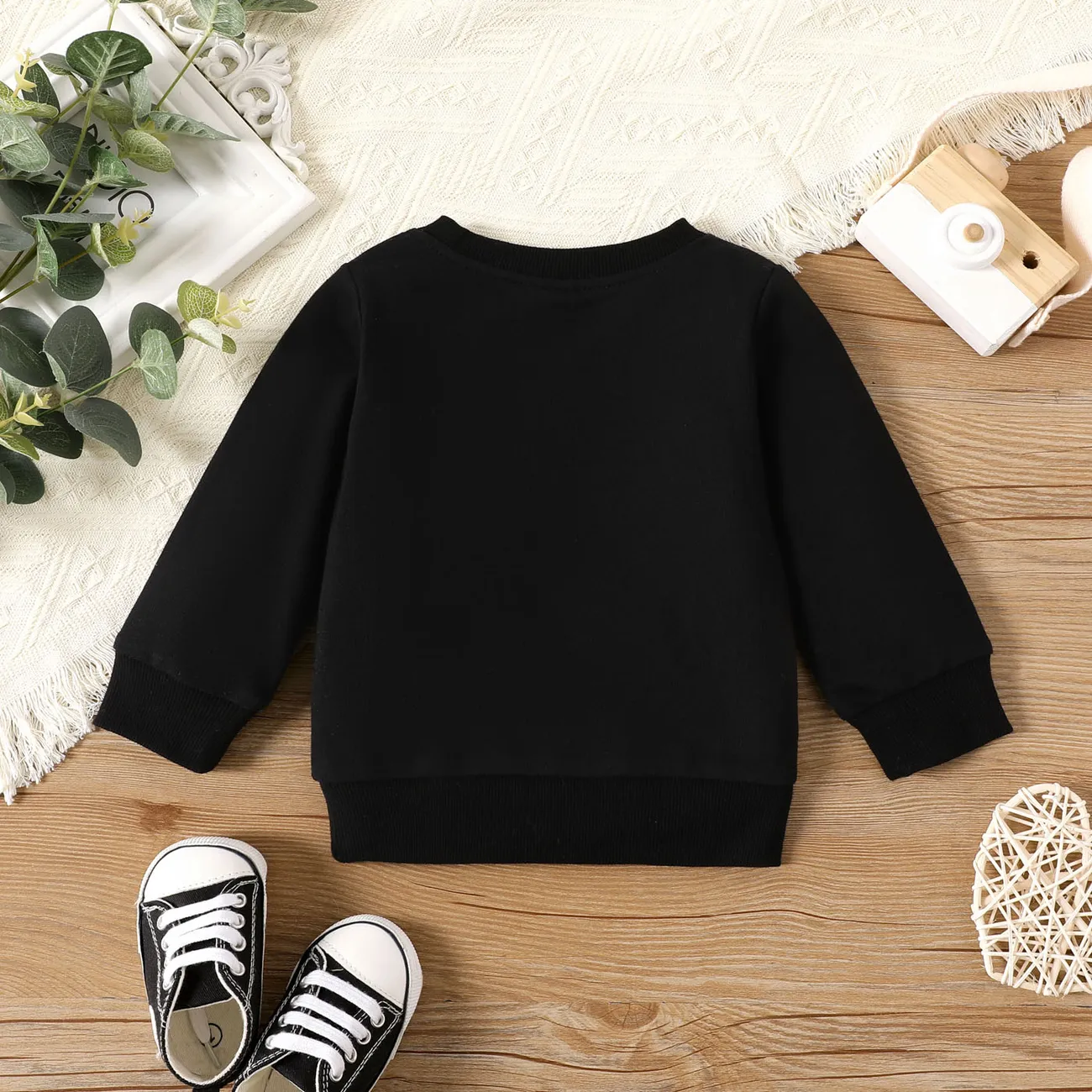 100% Cotton Baby Boy/Girl Letter Print Long-sleeve Pullover Sweatshirt Black big image 1