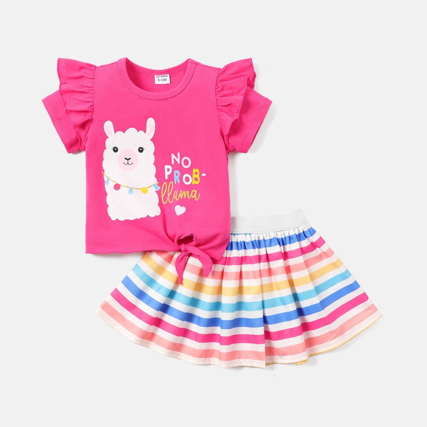 

2pcs Baby Girl Cotton Ruffle Short-sleeve Animal Print Knot Front Tee and Colorful Striped Skirt Set